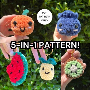 May include: Five crochet amigurumi patterns for making a pumpkin, watermelon, pineapple, kiwi, and blueberry. The patterns are available as a PDF download. 5-in-1 pattern!