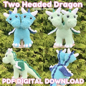 Virkmönster för tvåhövdad drake (PDF digital nedladdning) Amigurumi Low Sew-mönster