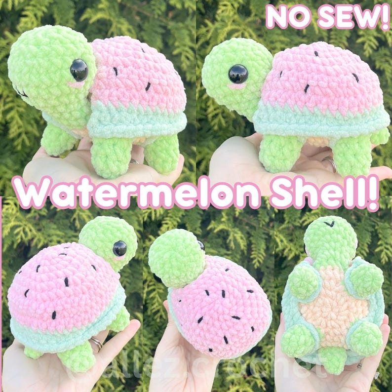 May include: A crochet turtle plush with a light green head and limbs, featuring a pink watermelon-patterned shell with black embroidered seeds. The text NO SEW! and Watermelon Shell! is visible. The turtle has large black plastic eyes.