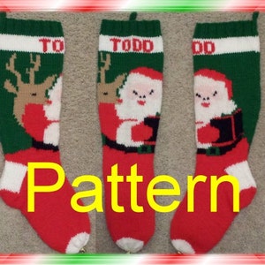 May include: Three red and green Christmas stockings with white trim. The stockings have a Santa Claus and reindeer design. The stockings are labeled "TODD", "TODD", and "TODD".
