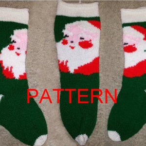 May include: Three green, white, and red knitted Christmas stockings with a Santa Claus design. The stockings have a white cuff, a green body, and a red Santa Claus face with a white beard.