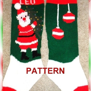 May include: A pair of knitted Christmas stockings, one with a Santa Claus design and the other with a green background and red and white baubles. The stocking with Santa Claus has the name "LEO" written on it.