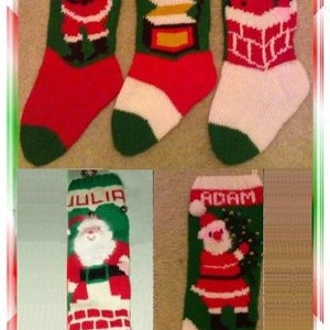 May include: Five red and green knitted Christmas stockings with Santa Claus designs. The stockings are decorated with names: Laura, Elise, Anthony, Julia, and Adam.