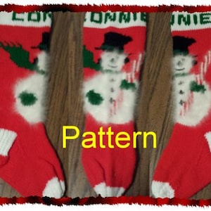 May include: Three red knitted Christmas stockings with white trim and a snowman design. The stockings have the word "Connie" embroidered on them.