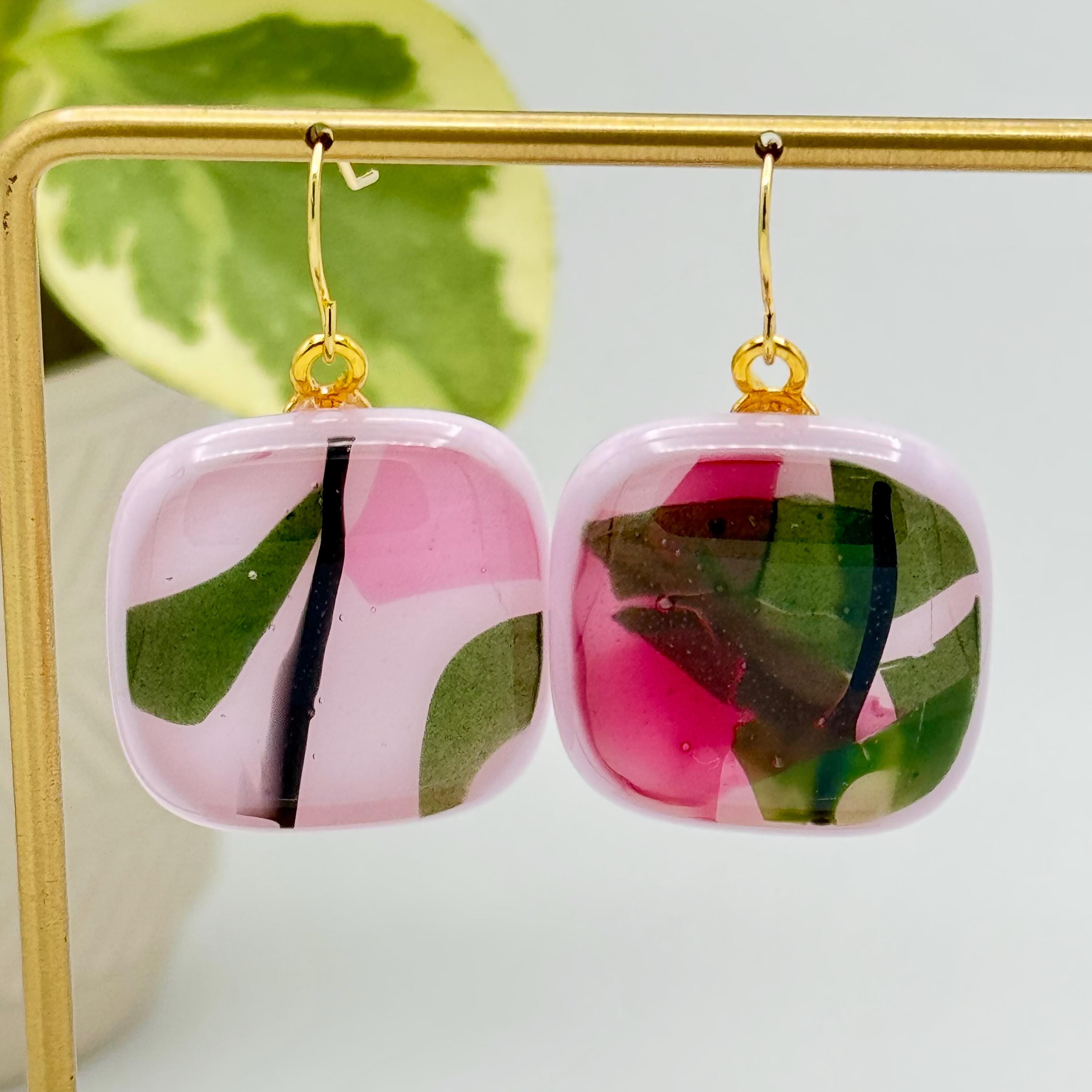 Petal Pop – Fused Glass Earrings in Pink and Green