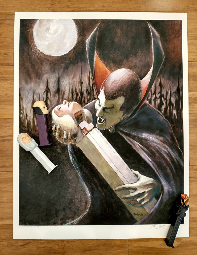 May include: A watercolour painting depicting a vampire with a cape biting the neck of a woman. The painting is set against a dark backdrop with a full moon in the sky. The vampire has a menacing expression on his face, and the woman appears terrified.