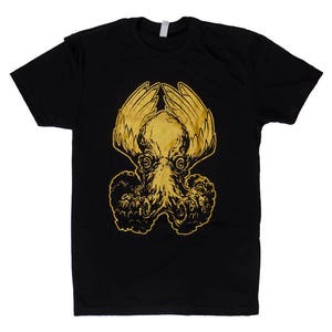 Men&#39;s: &quot;Winged Octopus&quot; -Stylish Custom Flying Octopus T-shirt with Metallic Gold Ink.