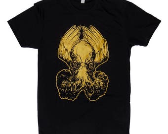 Men's: "Winged Octopus" -Stylish Custom Flying Octopus T-shirt with Metallic Gold Ink.