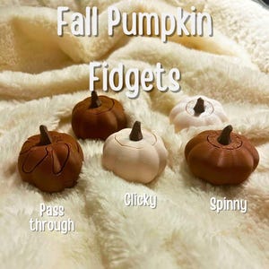 Könnte beinhalten: Fünf kürbisförmige Zappelspielzeuge in Braun- und Cremetönen, mit den Worten "Fall Pumpkin Fidgets" darüber. Die Zappelspielzeuge sind mit "Pass through", "Clicky" und "Spinny" beschriftet. Die Spielzeuge liegen auf einer cremefarbenen Decke.