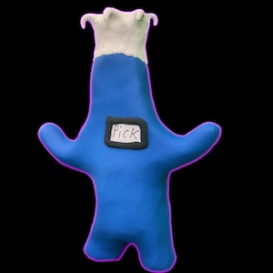 May include: A blue clay figure with a white hat and arms outstretched. The figure has a small rectangular sign that says "Pick". The figure is outlined in a pink glow against a black background.