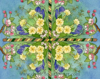 May include: A watercolour painting of a floral mandala with a blue background. The mandala is made up of four sections, each with a different type of flower. The flowers are arranged in a symmetrical pattern around a central point. The painting is signed "www.daniellebarlowart.com".
