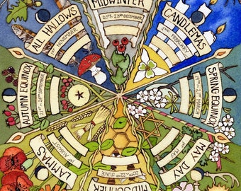 Könnte beinhalten: Eine farbenfrohe Aquarellillustration, die das Jahresrad mit saisonalen Festen und Daten darstellt. Das Kunstwerk zeigt Textbeschriftungen wie "Midwinter", "Candlemas" und "May Day" sowie botanische Elemente wie Blumen, Bienen und Blätter. Der Stil ist skurril und dekorativ.