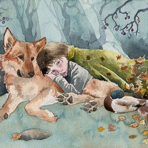 Wolf Boy , fantasy illustration, A4 archival print