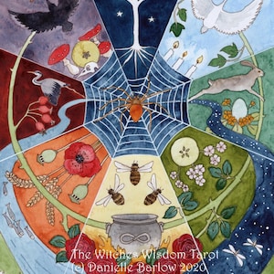 May include: Watercolor illustration of a tarot card with a central spiderweb design. The image features a variety of elements including a crow, swan, rabbit, bees, flowers, and a whale. Text at the bottom reads "The Witches Wisdom Tarot" and copyright information.
