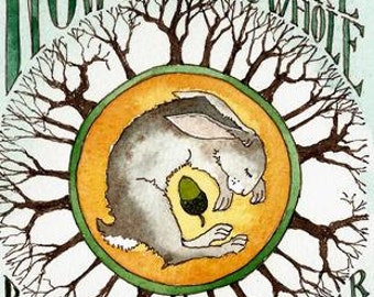 Könnte beinhalten: Eine Aquarell-Illustration eines schlafenden Kaninchens in einem Kreis aus Bäumen. Der Text um das Bild lautet "Bless this land of my soul now sleeping make whole bring the light I hold dear and wake a new year".