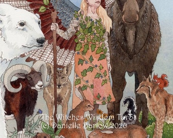 May include: A watercolor painting of a woman standing in a forest with a variety of animals. The woman is wearing a long, flowing dress with a floral pattern. She is holding a staff with a bird perched on top. The animals include a moose, a polar bear, a ram, a coyote, a rabbit, a beaver, a lynx, and a snake. The painting is titled "The Witches Wisdom Tarot (c) Danielle Barlow 2020".