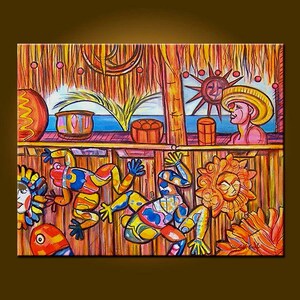 May include: A colorful painting depicting a tropical scene with a thatched roof hut, a sun, and various figures including a frog, a sun, and a person wearing a hat. The painting is done in a vibrant style with bold colors and outlines.