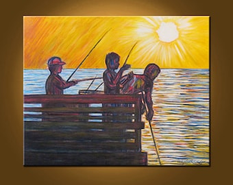 Fishing on the Pier -- 24 x 30 inch Original Oil Painting by Elizabeth Graf on Etsy, Art Painting