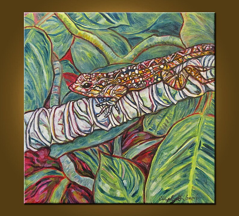Garden Gecko 20 x 20 inch Original Oil Painting by Elizabeth Graf on Etsy Art Painting, Art & Collectibles image 1