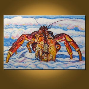May include: A colorful painting of a red, yellow, and orange crab with large claws, walking on a blue and white background. The crab is in focus, and the background is blurred.