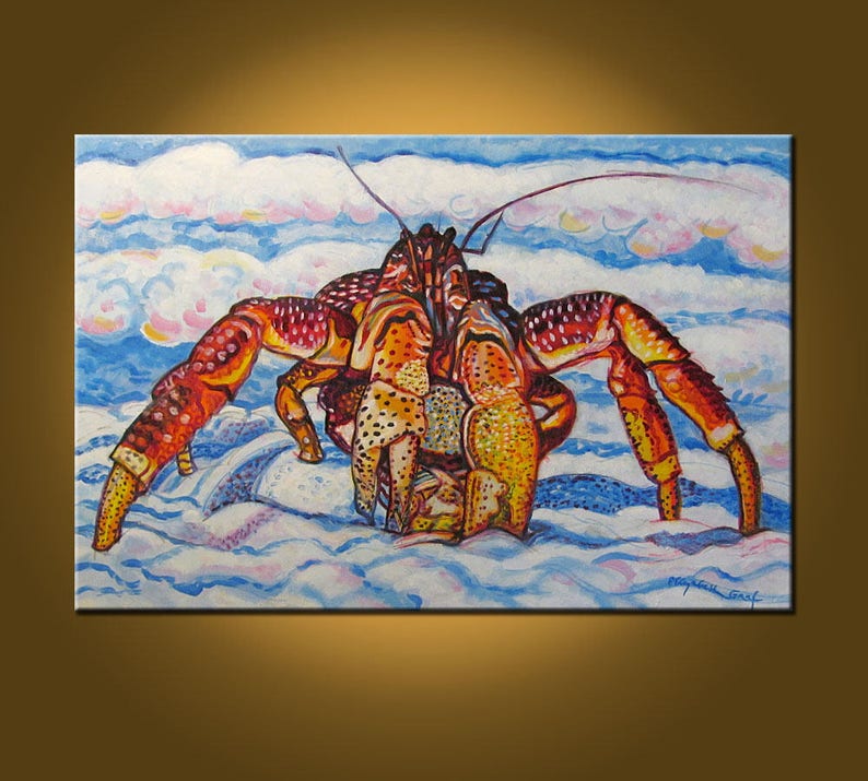 May include: A colorful painting of a red, yellow, and orange crab with large claws, walking on a blue and white background. The crab is in focus, and the background is blurred.