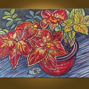 May include: A painting of a red and yellow potted plant with green leaves. The plant is in a red pot and the background is a blue and purple striped pattern.