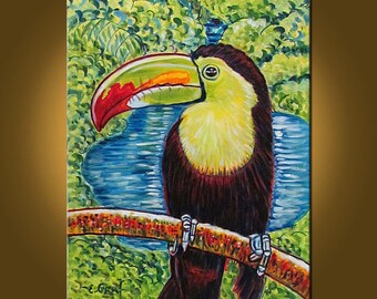 Toucan in His World -- 16 x 20 inch original oil painting by Elizabeth Graf -- Art Painting, Art & Collectibles