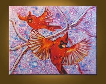 Dancing Cardinals -- 22 x 28 inch Original Oil Painting by Elizabeth Graf -- Art Painting, Art & Collectibles