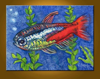 Neon Tetra -- 12 x 16 inch Original Oil Painting by Elizabeth Graf -- Art Painting, Art & Collectibles