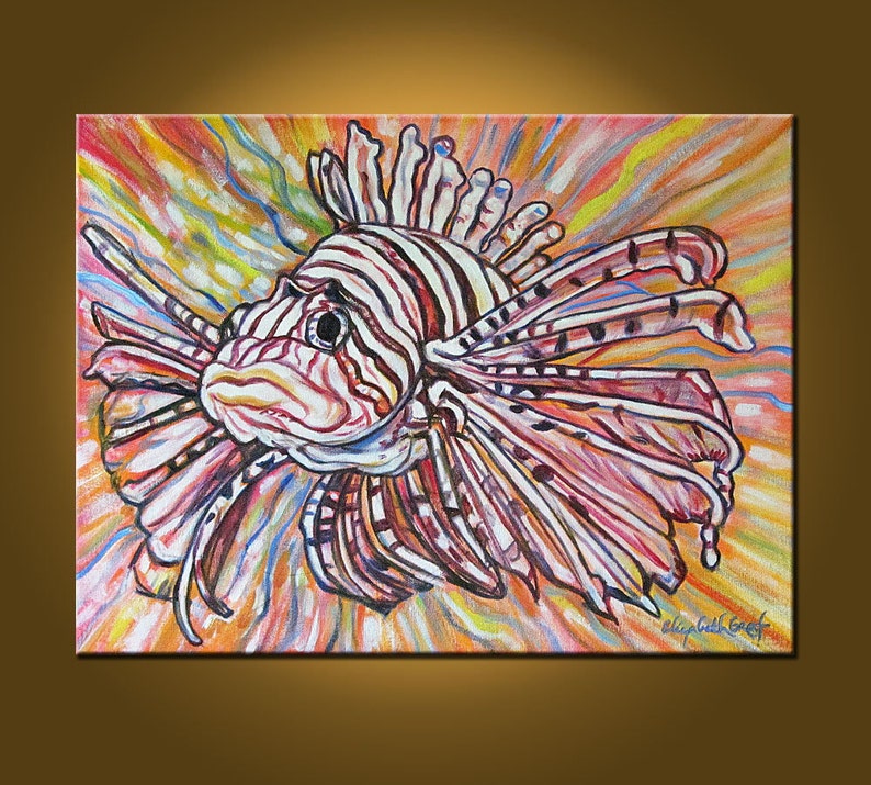 Art Painting Original Painting Etsy Lionfish Explosion 18 x 24 inch painting by Elizabeth Graf READY to HANG image 1