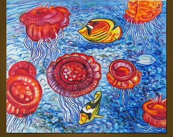 Jellyfish Galore -- 20 x 24 inch Original Oil Painting by Elizabeth Graf -- Art Painting, Art & Collectibles