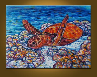 Sea Turtle Supreme -- 18 x 24 inch Original Oil Painting by Elizabeth Graf -- Art Painting, Art & Collectibles