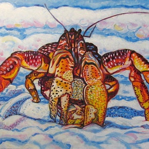 May include: A colorful painting of a large crab with orange, red, yellow, and black markings. The crab is walking on a white and blue background that resembles waves.