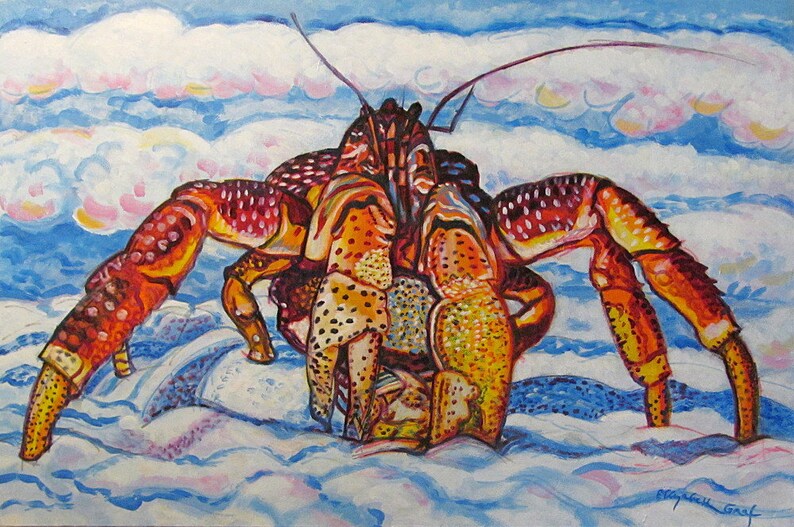 May include: A colorful painting of a large crab with orange, red, yellow, and black markings. The crab is walking on a white and blue background that resembles waves.
