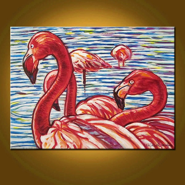 Flamingo Friends -- 18 x 24 inch Original Oil Painting by Elizabeth Graf on Etsy, Art & Collectibles, Art Painting