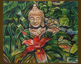 Buddha and Bromeliad -- 20 x 24 inch Original Oil Painting by Elizabeth Graf -- Art Painting, Art & Collectibles