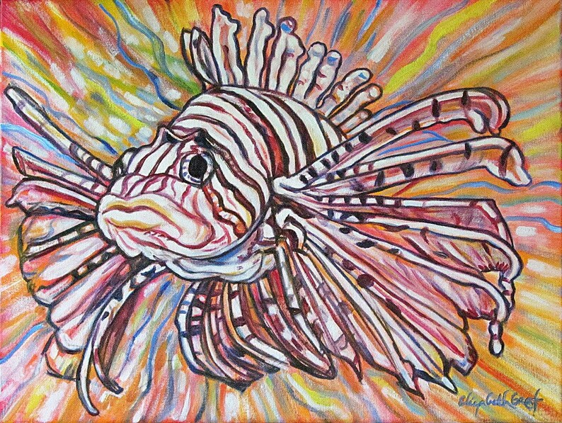 Art Painting Original Painting Etsy Lionfish Explosion 18 x 24 inch painting by Elizabeth Graf READY to HANG image 5