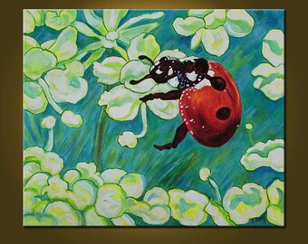 SALE -- Ladybug and Flowers -- 20 x 24 inch Original Oil Painting by Elizabeth Graf -- Art Painting, Art & Collectibles