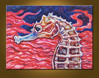 Seahorse and Hot Pink Coral -- 12 x 16 inch Original Oil Painting by Elizabeth Graf -- Art Painting, Art & Collectibles