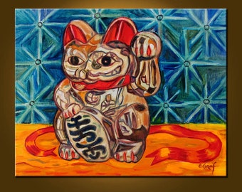 Maneki Neko -- 16 x 20 inch Original Oil Painting by Elizabeth Graf -- Art Painting, Art & Collectibles