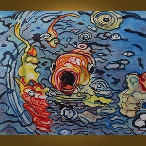 May include: Abstract painting of colorful fish swimming in blue water. The fish are stylized and have a cartoonish appearance. The water is depicted with swirling lines and bubbles.