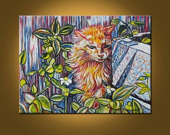 Cat in the Garden -- 18 x 24 inch Original Oil Painting by Elizabeth Graf -- Art Painting, Art & Collectibles