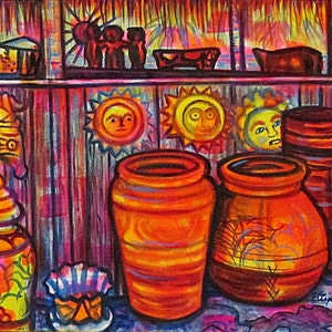 May include: A painting of a still life with a variety of pottery, including jars, jugs, and a pitcher. The pottery is arranged on a shelf with a wooden background. The painting is done in a vibrant style with bright colors and bold lines.