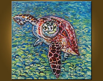 Sea Turtle Supreme -- 20 x 20 inch Original Oil Painting by Elizabeth Graf on Etsy -- Art Painting, Art & Collectibles