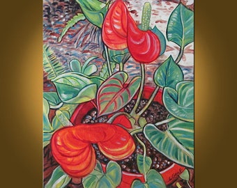 Anthurium Red -- 18 x 24 inch Original Oil Painting by Elizabeth Graf -- Art Painting, Art & Collectibles