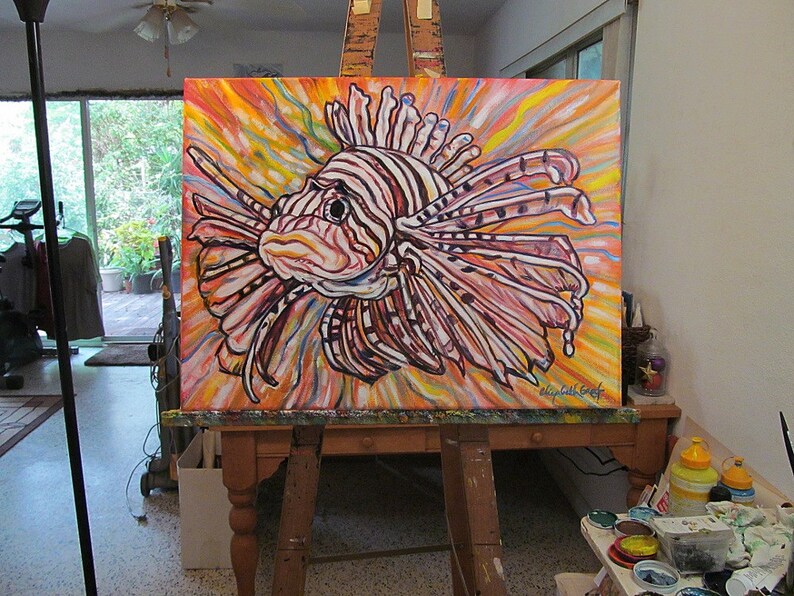 Art Painting Original Painting Etsy Lionfish Explosion 18 x 24 inch painting by Elizabeth Graf READY to HANG image 3