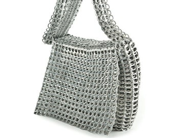 Silver Crossbody Purse Made From Recycled Pop Tabs | MASHA Bag by Escama Studio Comes With Silver Fabric Liner, Inside Pocket & Zipper Top