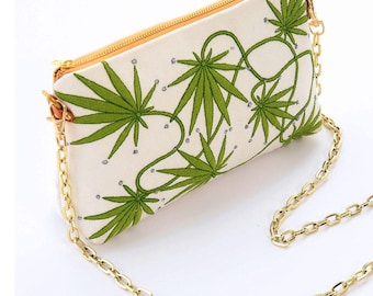 Embroidered Purse Marijuana Green Leaf and Long Gold Chain