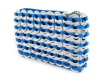 Blue Coin Pouch | Soda Pop Tab Purse for Coins, Bills, Credit Cards | Handmade from Up-cycled Polished Soda Tabs, Fabric Liner & Zipper Top