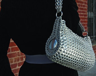 Silver Pop Tab Handbag, Crochet Soda Can Sides, Fabric Lined, Zipper Top - DANUBIA BAG